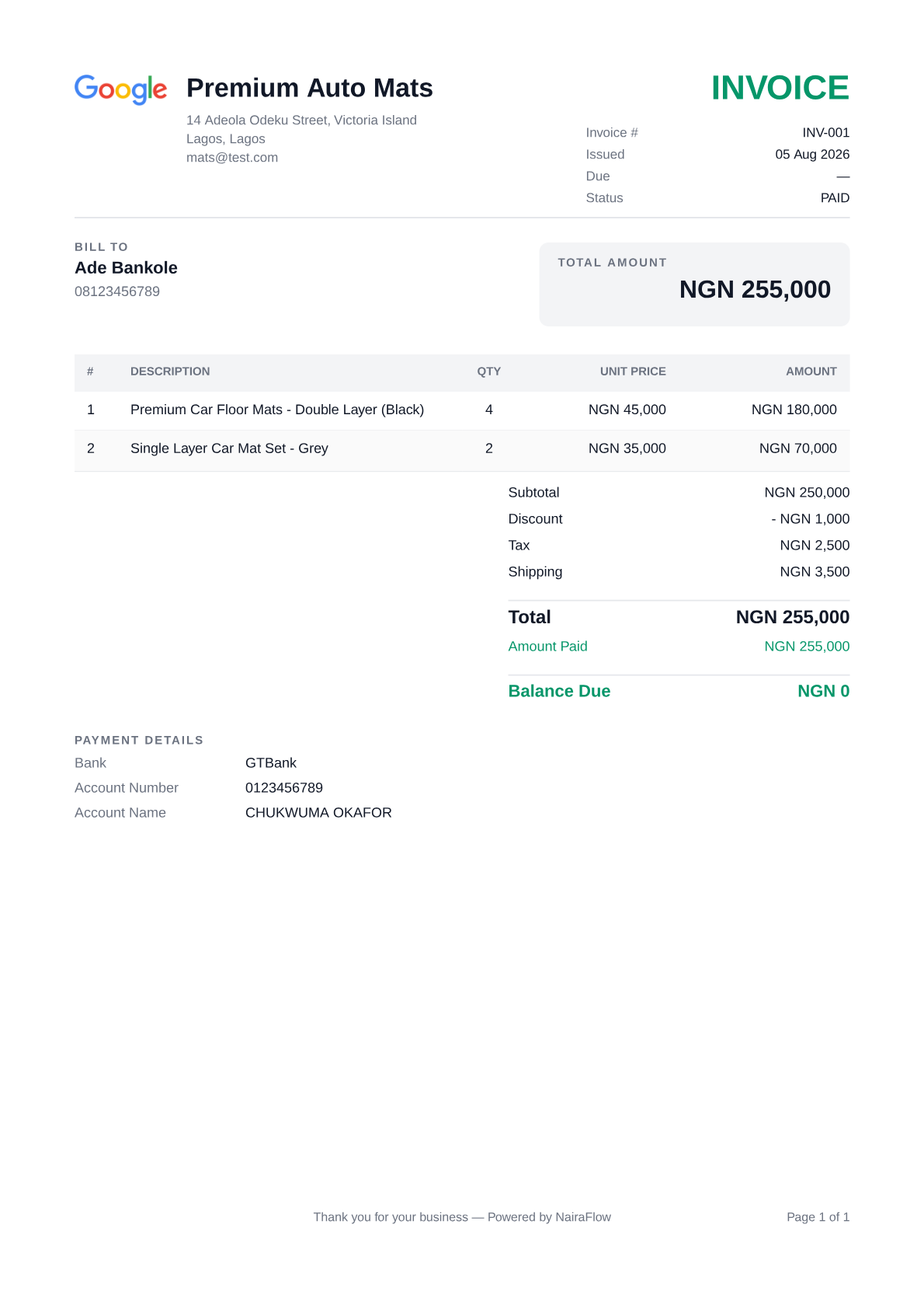 NairaFlow invoice INV-001 with deposit and balance