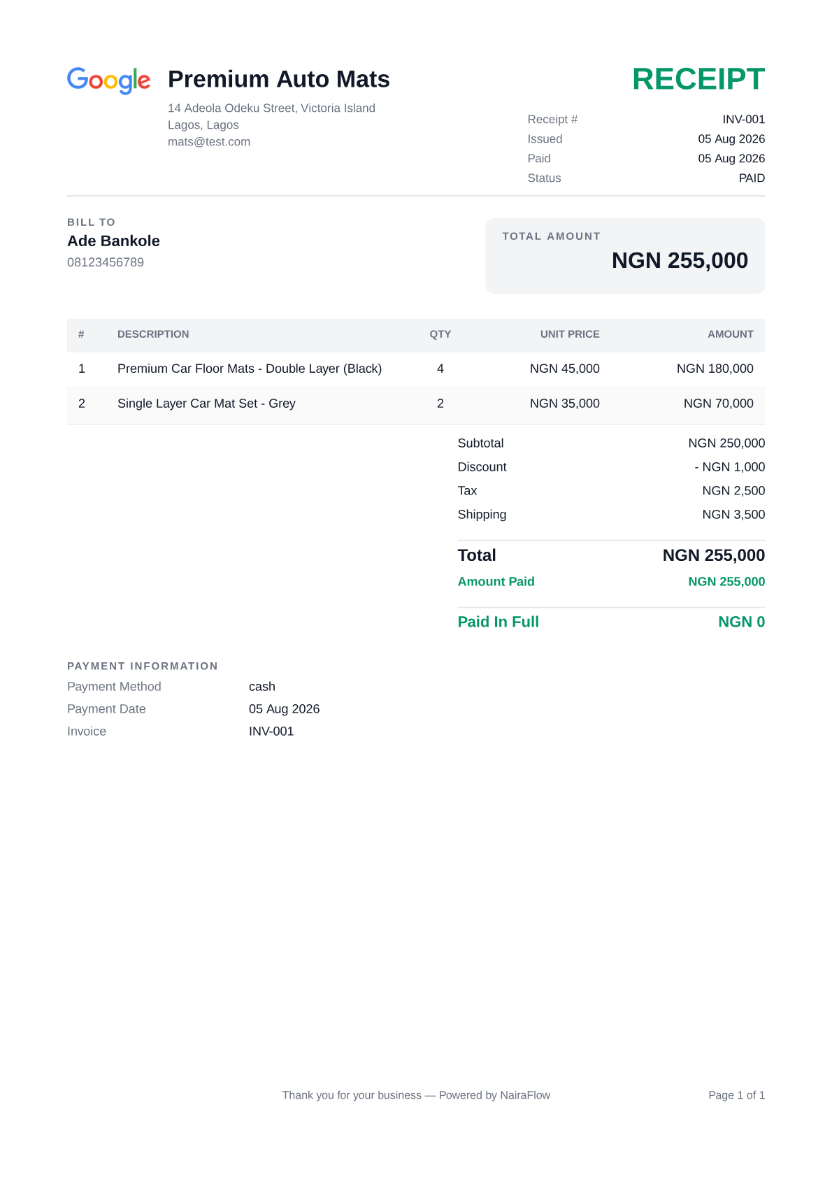 NairaFlow instant receipt for invoice INV-001