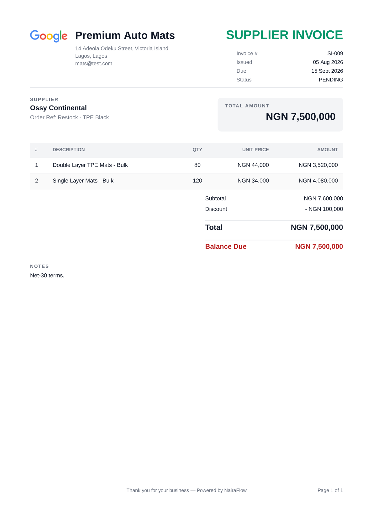 NairaFlow document view showing an outstanding balance